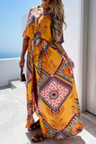 Momentlover Casual Print Patchwork V Neck Irregular Dress Dresses