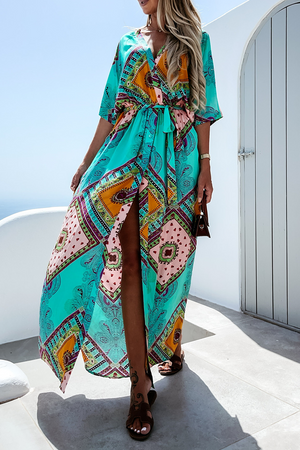 Momentlover Casual Print Patchwork V Neck Irregular Dress Dresses