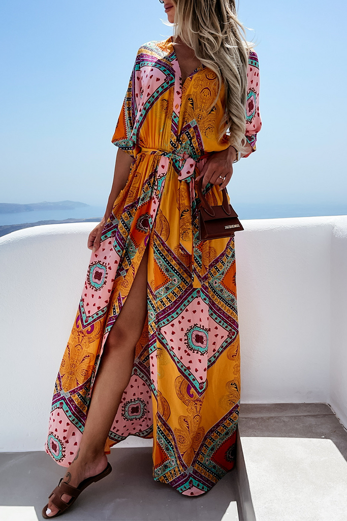 Momentlover Casual Print Patchwork V Neck Irregular Dress Dresses