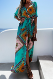 Momentlover Casual Print Patchwork V Neck Irregular Dress Dresses