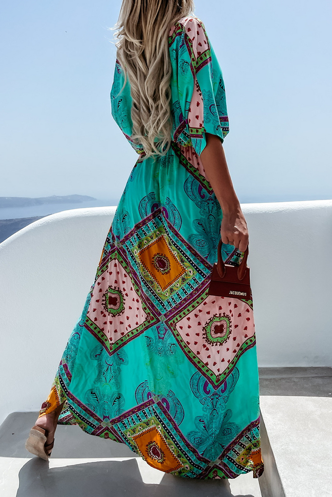 Momentlover Casual Print Patchwork V Neck Irregular Dress Dresses