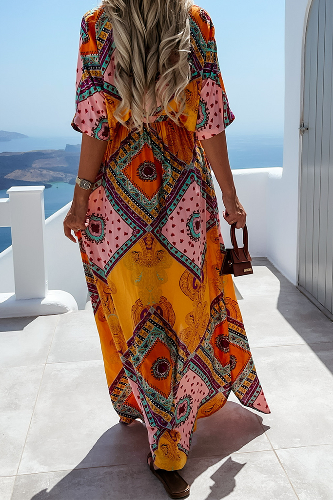 Momentlover Casual Print Patchwork V Neck Irregular Dress Dresses