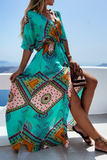Momentlover Casual Print Patchwork V Neck Irregular Dress Dresses