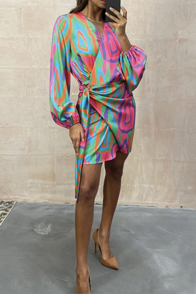 Momentlover Casual Print Patchwork V Neck Irregular Dress Dresses