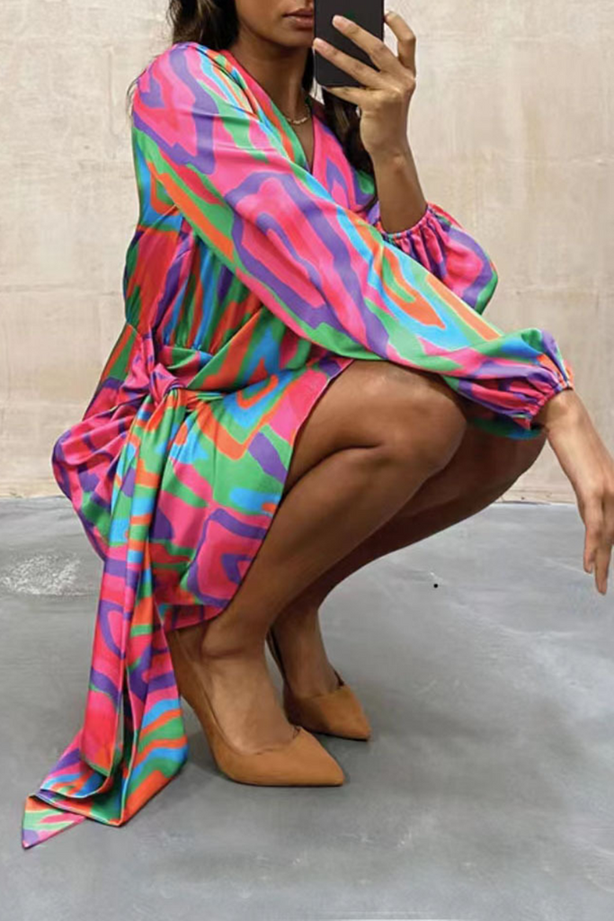 Momentlover Casual Print Patchwork V Neck Irregular Dress Dresses