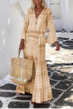 Momentlover Casual Print Patchwork V Neck Cake Skirt Dresses(5 Colors)