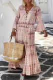 Momentlover Casual Print Patchwork V Neck Cake Skirt Dresses(5 Colors)