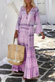 Momentlover Casual Print Patchwork V Neck Cake Skirt Dresses(5 Colors)