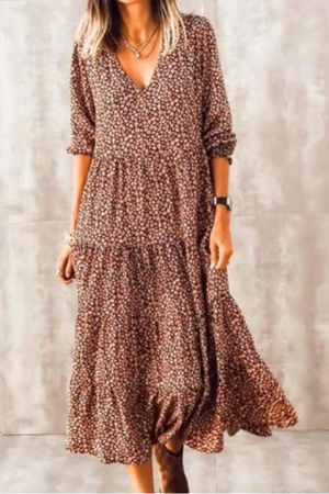 Momentlover Casual Print Split Joint V Neck Cake Skirt Dresses