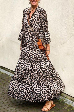 Momentlover Casual Leopard Patchwork V Neck Cake Skirt Dresses(4 Colors)