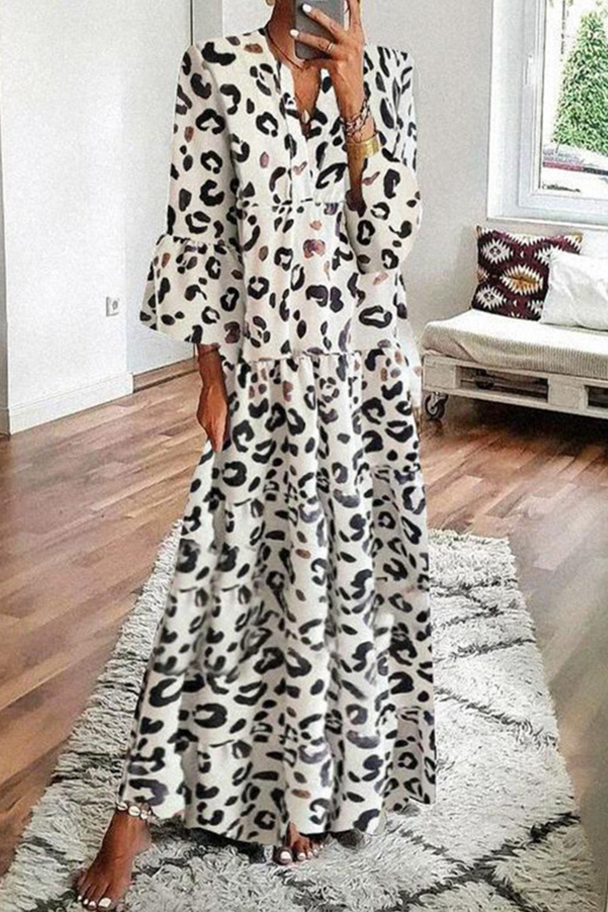 Momentlover Casual Leopard Patchwork V Neck Cake Skirt Dresses(4 Colors)