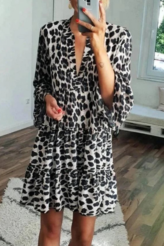 Momentlover Casual Leopard Patchwork V Neck Cake Skirt Dresses(4 Colors)