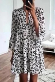 Momentlover Casual Leopard Patchwork V Neck Cake Skirt Dresses(4 Colors)