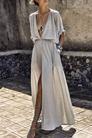 Momentlover Casual Solid Patchwork V Neck Irregular Dress Dresses(3 Colors)