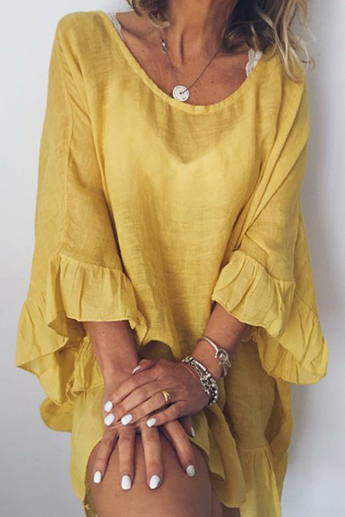 Momentlover Casual Solid Flounce O Neck Straight Dresses(4 Colors)