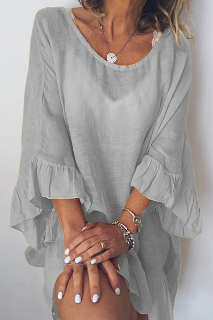 Momentlover Casual Solid Flounce O Neck Straight Dresses(4 Colors)