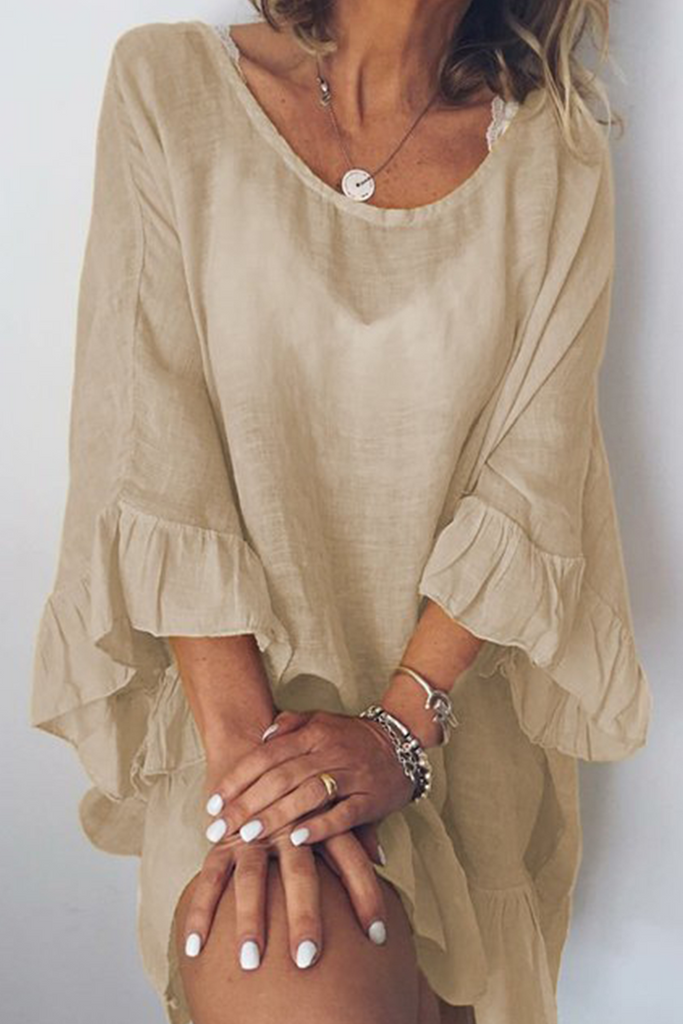 Momentlover Casual Solid Flounce O Neck Straight Dresses(4 Colors)