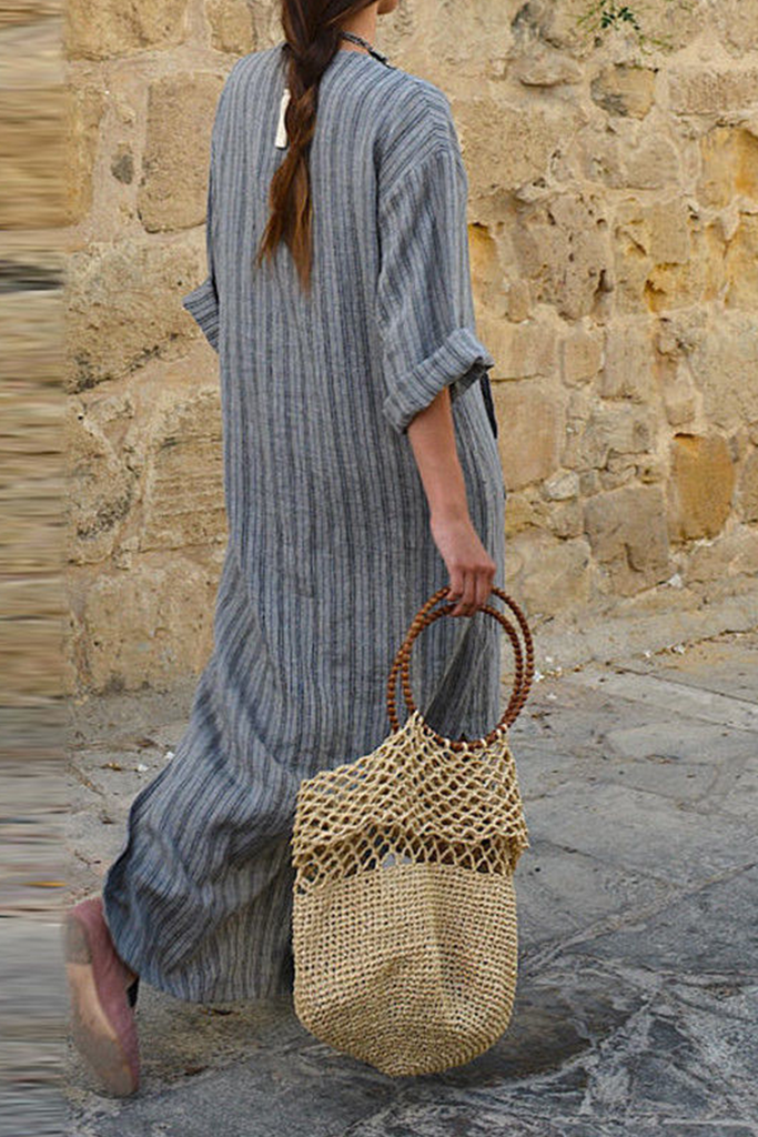 Momentlover Casual Striped Split Joint V Neck Straight Dresses