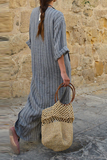 Momentlover Casual Striped Split Joint V Neck Straight Dresses