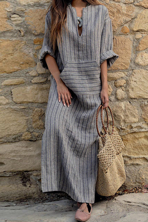 Momentlover Casual Striped Split Joint V Neck Straight Dresses
