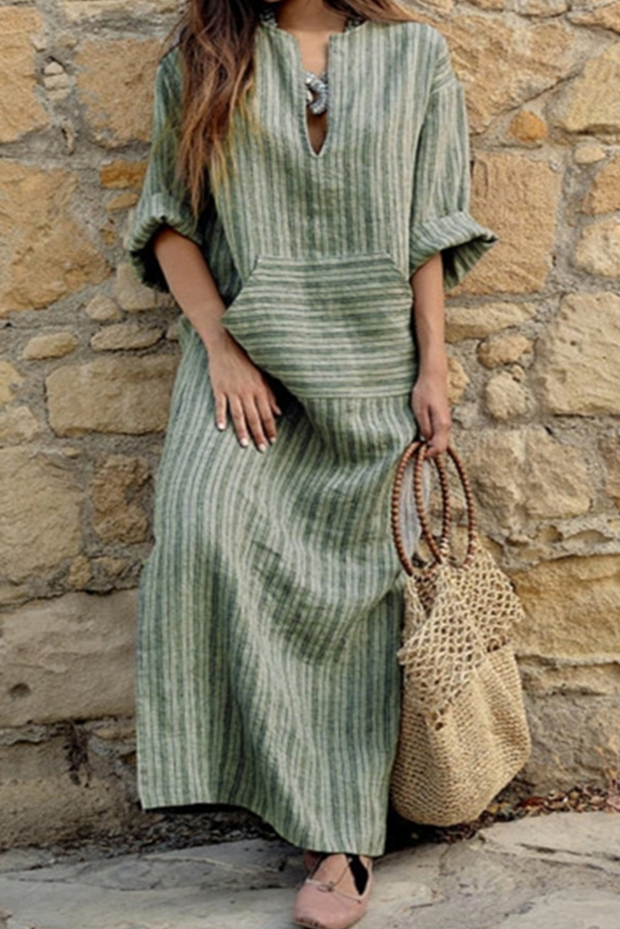 Momentlover Casual Striped Split Joint V Neck Straight Dresses
