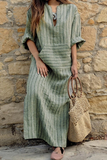 Momentlover Casual Striped Split Joint V Neck Straight Dresses