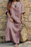 Momentlover Casual Striped Split Joint V Neck Straight Dresses