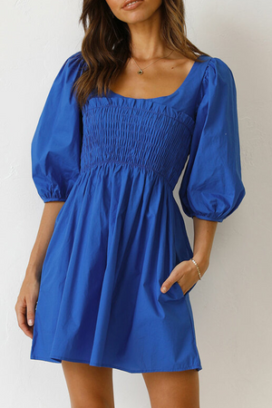Momentlover Casual Solid Patchwork Square Collar Cake Skirt Dresses(3 Colors)