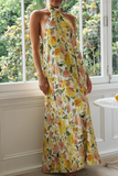 Momentlover Vacation Print Patchwork Halter Straight Dresses