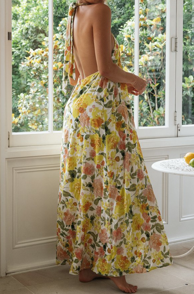 Momentlover Vacation Print Patchwork Halter Straight Dresses