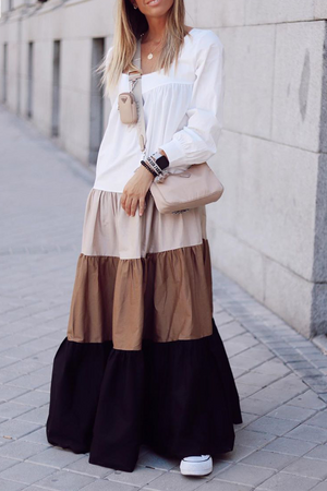 Momentlover Casual Solid Patchwork Square Collar Cake Skirt Dresses