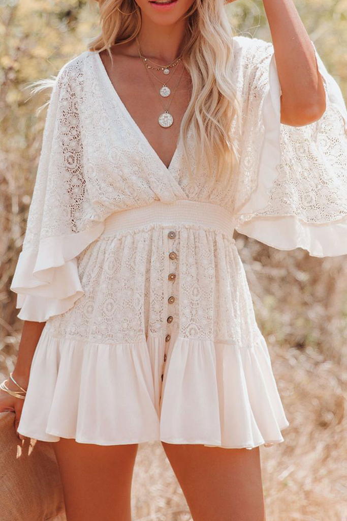 Momentlover Casual Solid Patchwork V Neck Lace Dress Dresses
