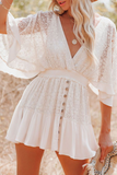 Momentlover Casual Solid Patchwork V Neck Lace Dress Dresses