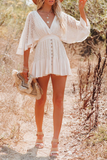 Momentlover Casual Solid Patchwork V Neck Lace Dress Dresses