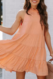 Momentlover Casual Solid Patchwork Halter Cake Skirt Dresses
