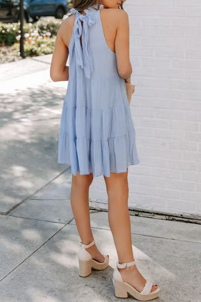 Momentlover Casual Solid Patchwork Halter Cake Skirt Dresses