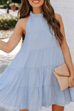 Momentlover Casual Solid Patchwork Halter Cake Skirt Dresses