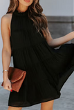 Momentlover Casual Solid Patchwork Halter Cake Skirt Dresses