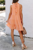Momentlover Casual Solid Patchwork Halter Cake Skirt Dresses