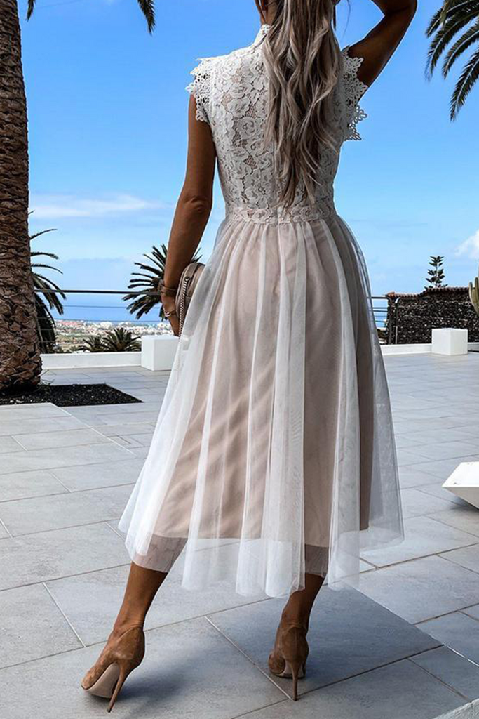 Momentlover Casual Solid Lace Half A Turtleneck Mesh Dress Dresses
