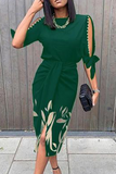 Momentlover Casual Print Split Joint O Neck Waist Skirt Dresses