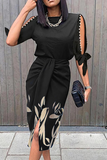 Momentlover Casual Print Split Joint O Neck Waist Skirt Dresses