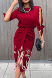 Momentlover Casual Print Split Joint O Neck Waist Skirt Dresses