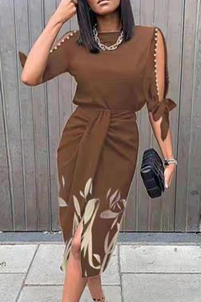 Momentlover Casual Print Split Joint O Neck Waist Skirt Dresses