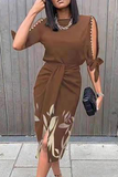 Momentlover Casual Print Split Joint O Neck Waist Skirt Dresses