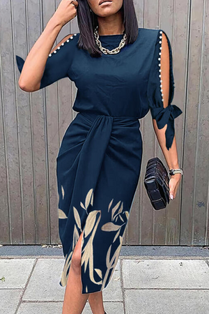 Momentlover Casual Print Split Joint O Neck Waist Skirt Dresses