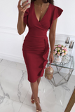 Momentlover Casual Solid Patchwork V Neck Pencil Skirt Dresses(7 Colors)