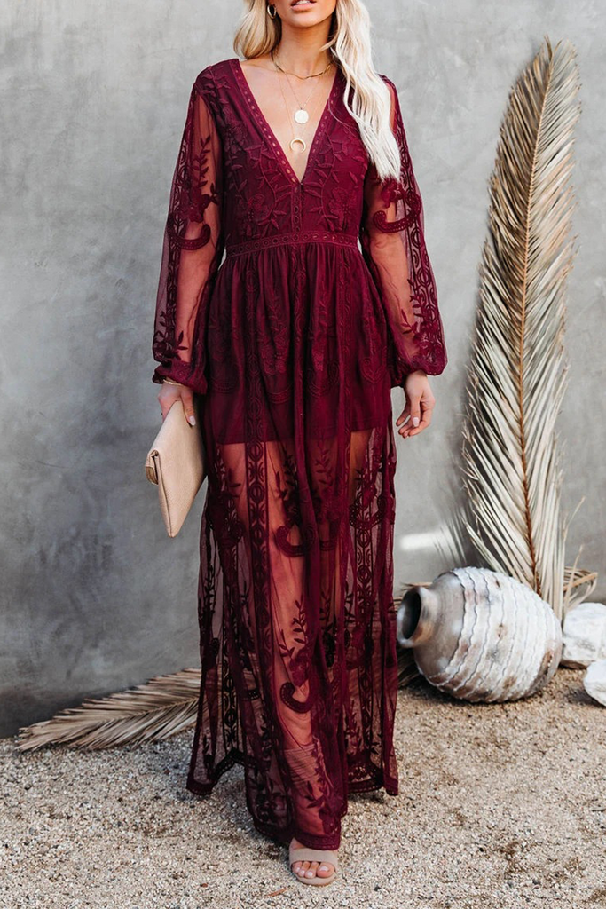 Momentlover Casual Solid Lace V Neck Lace Dress Dresses(3 Colors)