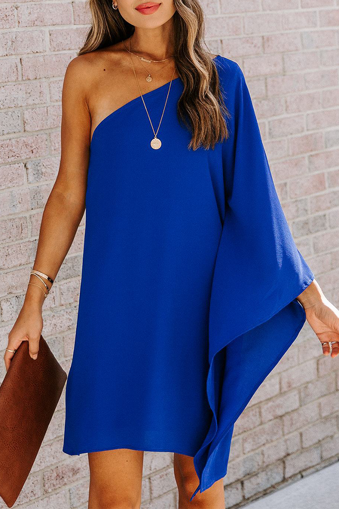 Momentlover Casual Solid Patchwork One Shoulder Straight Dresses(10 Colors)