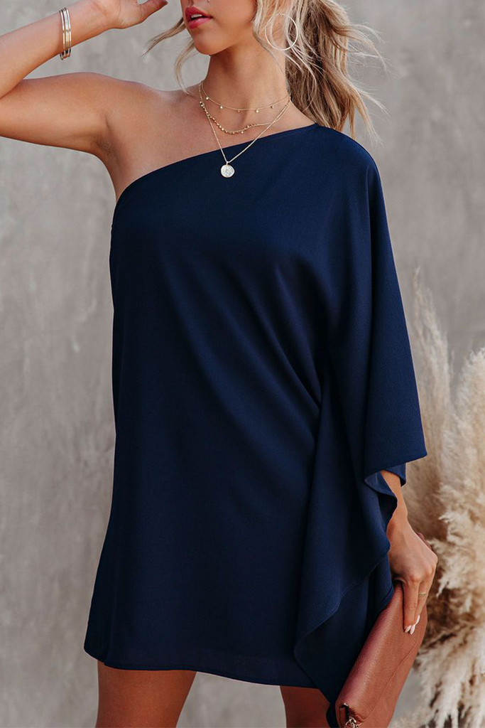 Momentlover Casual Solid Patchwork One Shoulder Straight Dresses(10 Colors)